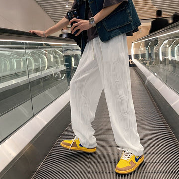 3-color Pleated Pants Men Fashion Casual Wide-leg Pants Mens Japanese Streetwear Loose Straight Ice Silk Pants Mens Trousers aidase-shop